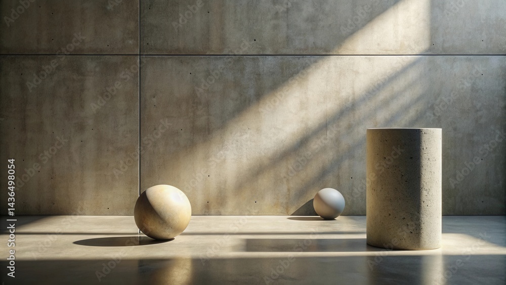 Poster sunlit minimalist concrete room with geometric forms and textured walls
