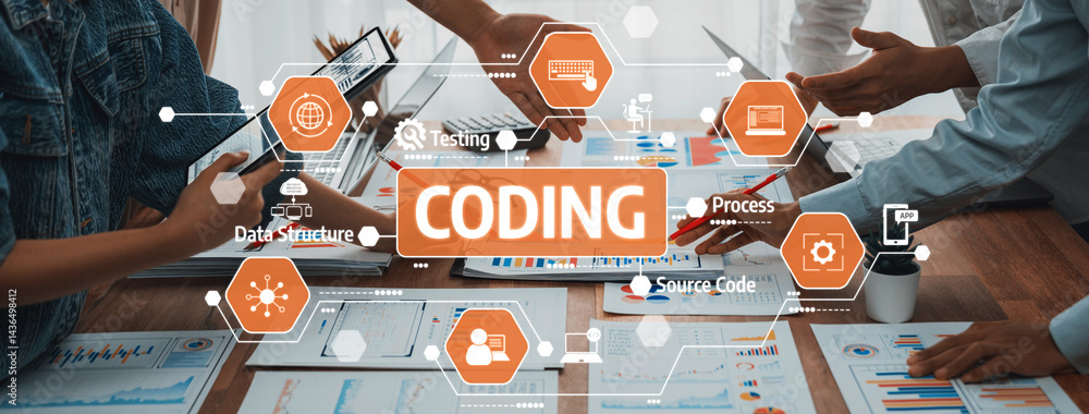 Aufkleber A modern workspace featuring a team engaged in a coding project. Researchers analyze data structures and source code, showcasing teamwork and innovative processes. Amity