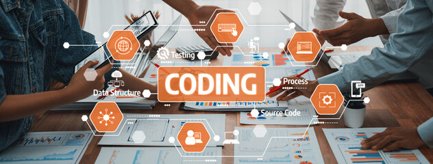 A modern workspace featuring a team engaged in a coding project. Researchers analyze data structures and source code, showcasing teamwork and innovative processes. Amity