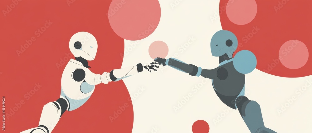 Poster two futuristic robots reaching out to touch hands in a stylized, conceptual illustration of artifici