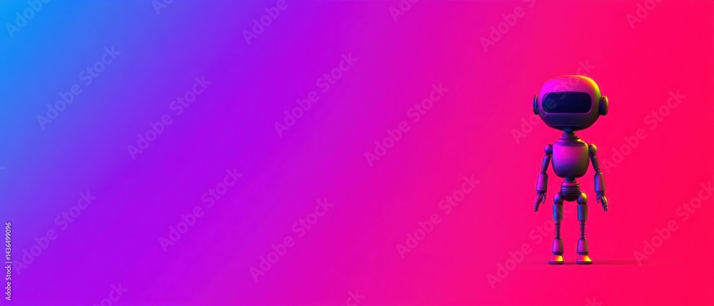 Poster small futuristic robot standing on vibrant gradient background with neon lighting concept of artific