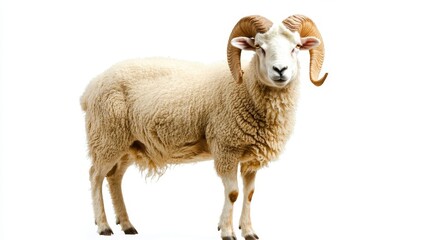 Fototapeta premium Close-up of a horned ram with curly wool against white background.