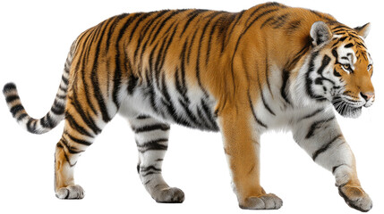 Fototapeta premium Majestic Tiger on the Prowl: A solitary tiger strides with confidence, its orange and black stripes creating a visual spectacle in the scene. Capturing the spirit of wilderness.