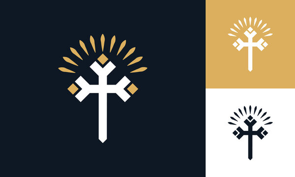 Simple religious cross symbol with shining light logo design