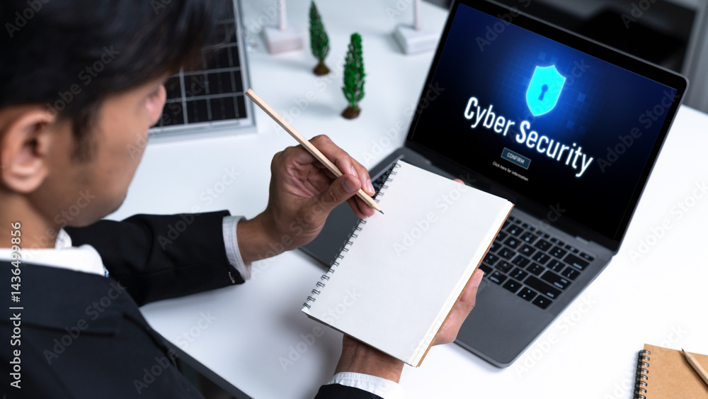 Poster cyber security system on computer screen protect private information brisk from hacker and cyber att