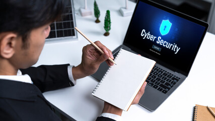 Cyber security system on computer screen protect private information brisk from hacker and cyber...