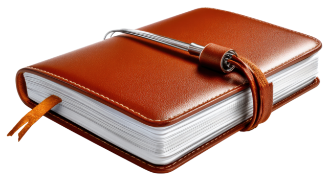 Leather Diary and Bookmark: A sophisticated leather diary with a bookmark, suggesting notes, goals and ideas. Capturing the essence of organization and productivity.