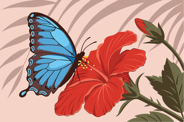 52 Vibrant blue butterfly, iridescent wings, perched on bright red hibiscus flower, macro photography, shallow depth of field, contrasting colors, nature close-up, detailed insect, tropical setting, s