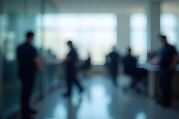 Blurred Police Office Background with Uniformed Officers and Minimal Crowd