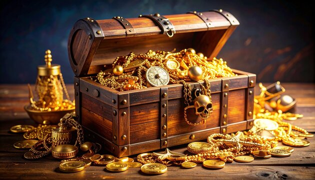Los artefactos dorados y el cofre de madera sugieren un tesoro pirata. La imagen simboliza el peligro, el desaf&iacute;o y el esp&iacute;ritu rebelde de la vida pirata. Fotograf&iacute;a hiperrealista.
