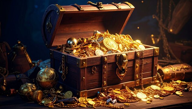 Los artefactos dorados y el cofre de madera sugieren un tesoro pirata. La imagen simboliza el peligro, el desafío y el espíritu rebelde de la vida pirata. Fotografía hiperrealista.