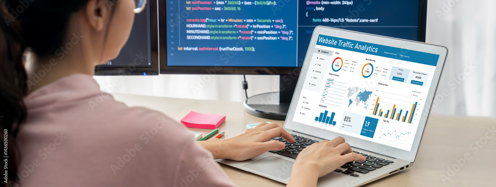 Poster computer software for website traffic analytics data on computer screen. concept of seo search engin