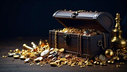 Los artefactos dorados y el cofre de madera sugieren un tesoro pirata. La imagen simboliza el peligro, el desafío y el espíritu rebelde de la vida pirata. Fotografía hiperrealista.