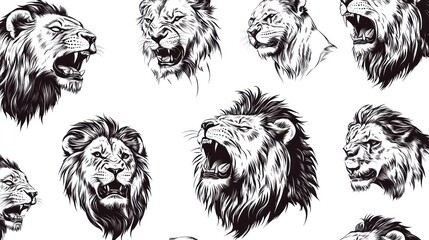 Fototapeta premium Lion heads pattern, roaring, wildlife, monochrome, graphic design