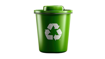 Green Recycling Bin: A vibrant green recycling bin prominently displaying the universally recognized symbol of waste reduction, standing for environmental consciousness and waste management.