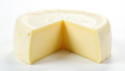 Creamy white cheese wheel on white background, colby, hard cheese