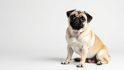 Fototapeta premium Adorable pug dog sits alone, white background, kisses, snout, purebred