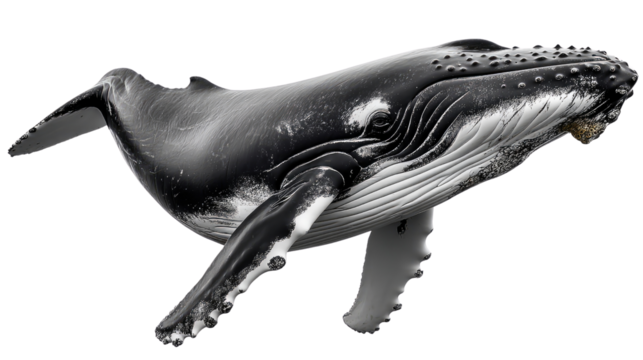 Humpback Whale in the Ocean Deep: A majestic humpback whale glides effortlessly through the clear blue waters, its massive body and distinctive fins captivating the viewer.