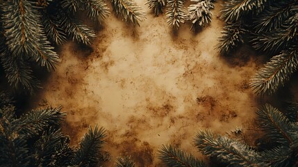 Evergreen fir branches creating a border around a central wood surface in flatlay style, suitable for holiday themes and winter decorations.