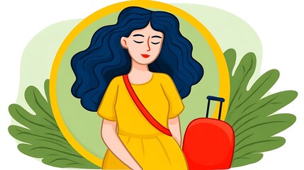 Serene woman with luggage, ready for travel