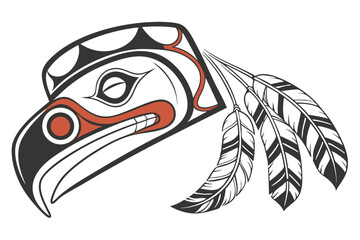 53 Native American art, stylized bird mask, Pacific Northwest Coast, black and white design, red accents, blue feathers, carved wood, totem pole style, orange beak, spiritual symbol, tribal artifact,  © Md Ruhul Amin