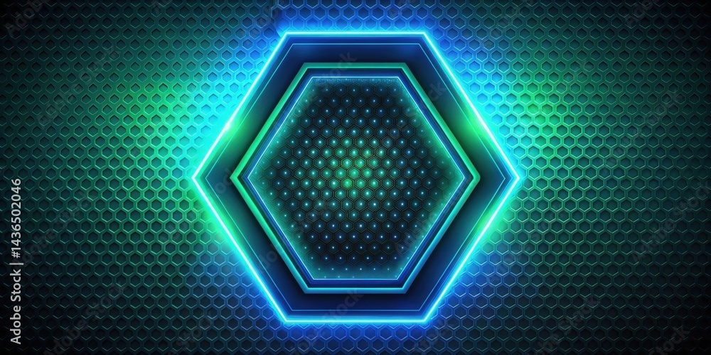 Poster Abstract Hexagonal Neon Frame Design with Green and Blue Glowing Lights on a Honeycomb Pattern Background