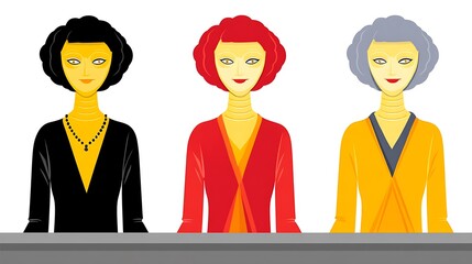 Naklejka premium Three stylized female figures with distinct hair and clothing colors