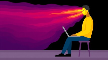 Man emits vibrant energy while using laptop