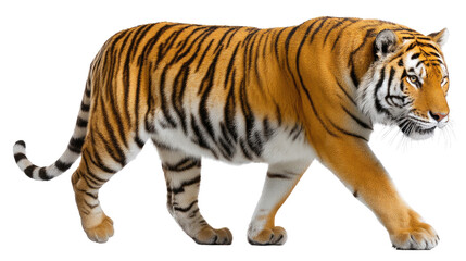 Obraz premium Majestic Tiger in Motion: A solitary, powerful tiger strides confidently, showcasing its striking orange and black striped coat, representing the epitome of grace and strength in the wild.