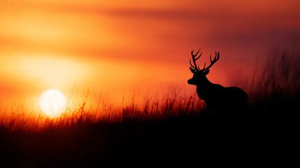 Silhouette of a majestic red deer stag against a glowing sunset background