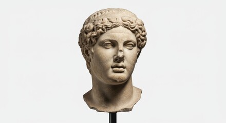 Ancient Roman sculpture head of a young man against a plain background  