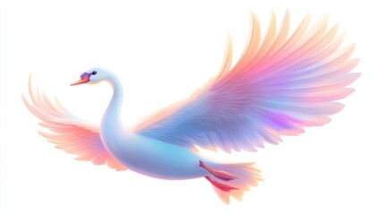 Obraz premium Pastel Pink and Purple Swan in Flight Against White Background