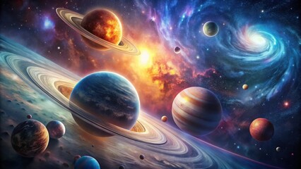 A Celestial Tapestry Planets Orbiting Within a Vibrant Nebula and Ringed Systems