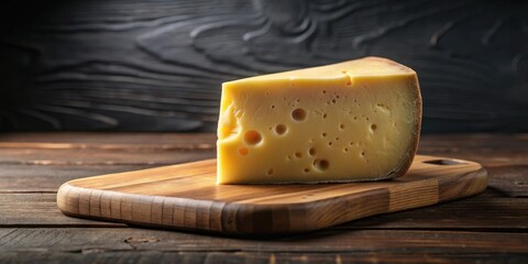 A wedge of aged cheese with holes rests on a rustic wooden cutting board