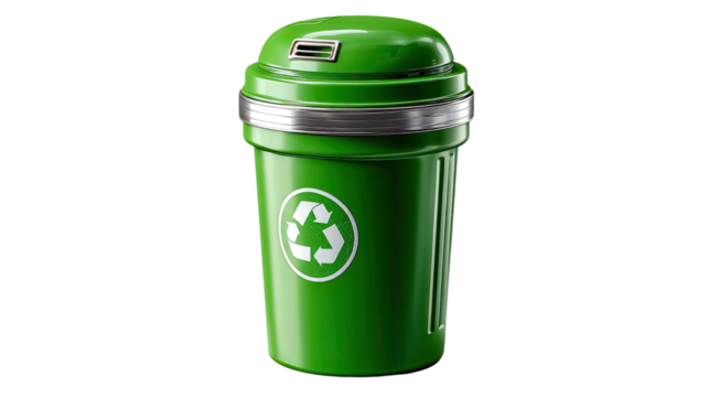 Eco-Friendly Trash Receptacle: A vibrant green trash can with the universal recycling symbol proudly displayed, symbolizing environmental responsibility and waste management in a sleek, modern design.