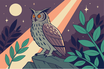 54 Majestic owl, piercing orange eyes, detailed feathers, perched on rock, colorful bokeh background, night scene, green leaves, mystical atmosphere, sharp focus, nature photography, vibrant colors, d