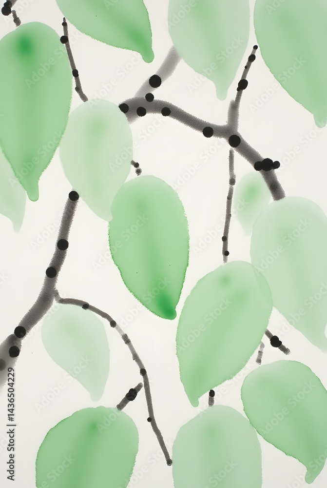 Poster a delicate drawing features a thin, dark branch with sparse leaves, punctuated by soft, blue
