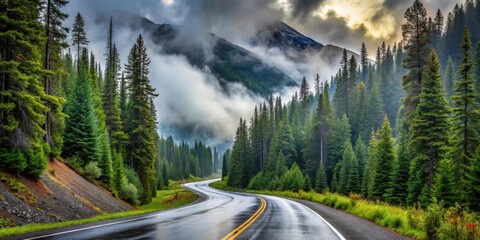 Serene Winding Road Through Misty Evergreen Forest, Majestic Mountains in the Background