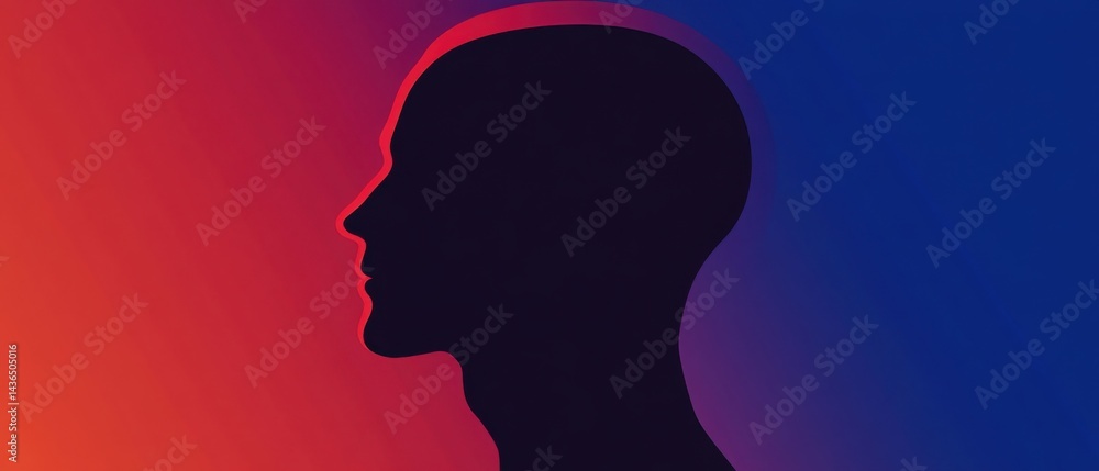 Poster silhouette of a mans head in profile with vibrant red and blue gradient background concept of dualit