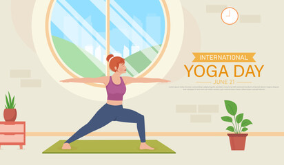 International yoga day banner template design.Woman doing yoga pose.