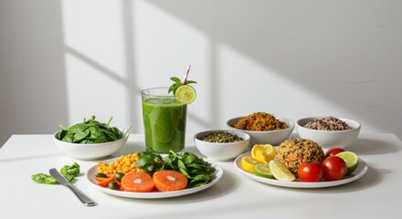 Fresh healthy meal spread with green smoothie and vegetables  
