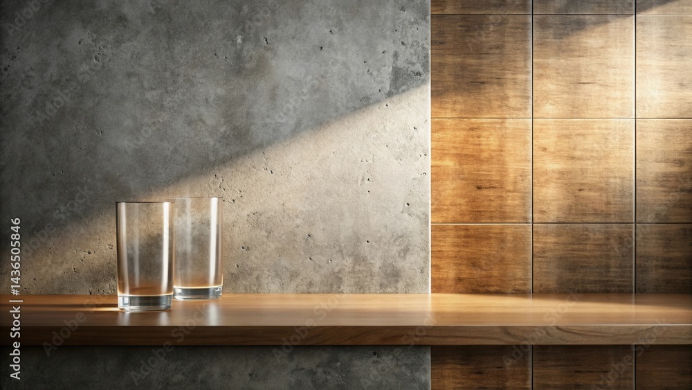 Aufkleber Sunlight illuminates two empty glasses resting on a sleek wooden shelf against a backdrop of textured concrete and wood paneling.
