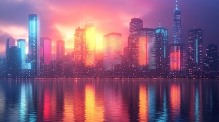 Fototapeta premium Neon Cityscape at Sunset: A Vibrant Metropolis Reflected in Tranquil Waters