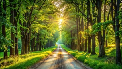 Obraz premium Sunlit Path Through Lush Green Canopy of Trees on a Serene Summer Morning