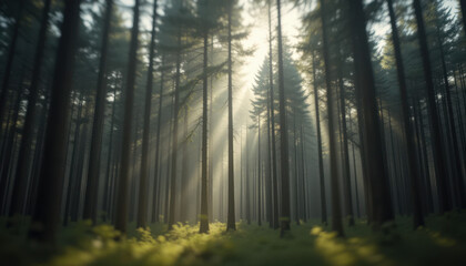 Naklejka premium Ethereal Light Rays in Foggy Woodland Scene.