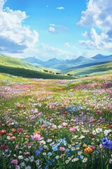 Vibrant Wildflower Meadow and Majestic Mountains under Sunny Sky