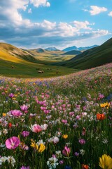 Fototapeta premium Vibrant Wildflower Meadow in Mountain Valley Under Partly Cloudy Sky
