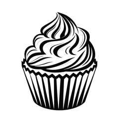 Isolated Black and White Cupcake with Swirls and Vertical Stripes