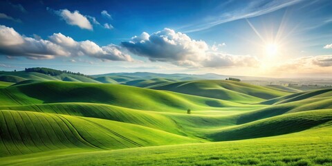 Obraz premium Serene Rolling Hills Under a Bright Sunlit Sky, Vivid Green Fields and Fluffy Clouds