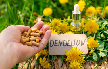 Naklejka premium Dandelion extract and homeopathic supplements. Selective focus.